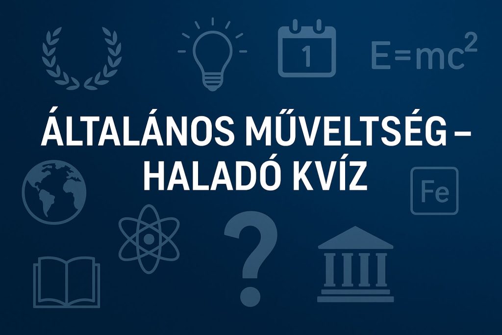 Általános műveltség haladó kvíz borítóképe – ikonokkal illusztrált, sötétkék háttéren