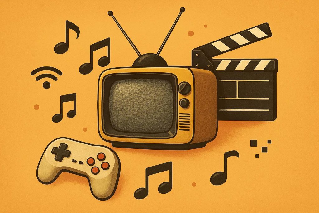 Retro televízió, játékkontroller, filmes csapó és zenei ikonok illusztrációja narancssárga háttéren