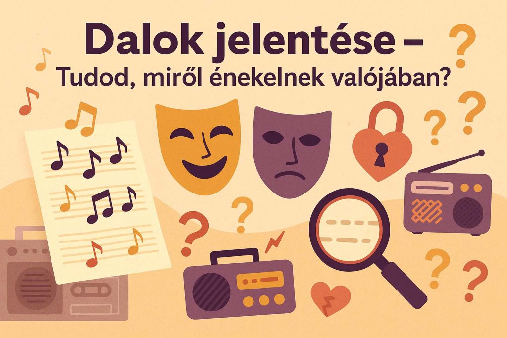 A dalok rejtett jelentését bemutató grafika, amelyen színházi maszkok, hangjegyek, rádiók, nagyító és kérdőjelek láthatók a „Dalok jelentése – Tudod, miről énekelnek valójában?” felirat körül.
