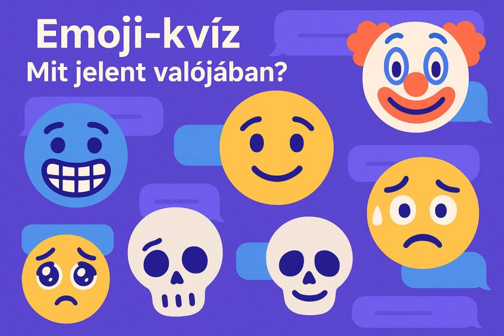 Emoji-kvíz borítóképe „Mit jelent valójában?” felirattal, amelyen különböző, gyakran félreértett hangulatjelek láthatók, mint a vigyorgó, szorongó, bohóc és a koponya emoji.
