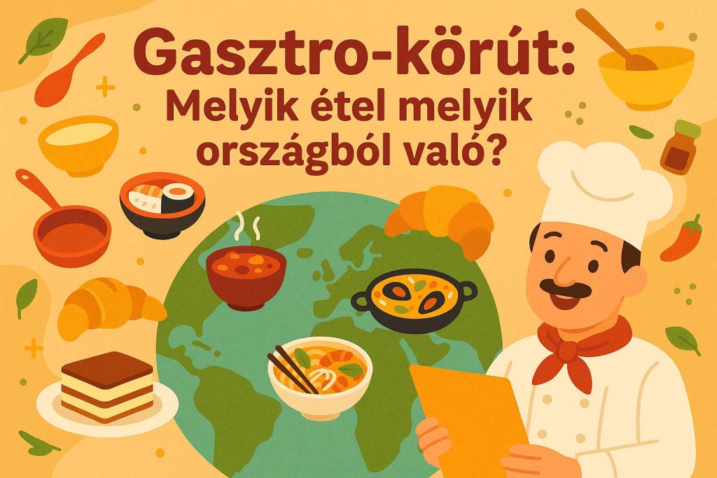 Illusztráció különböző nemzetek ételeiről és egy szakácsról a "Gasztro-körút" című kvízhez