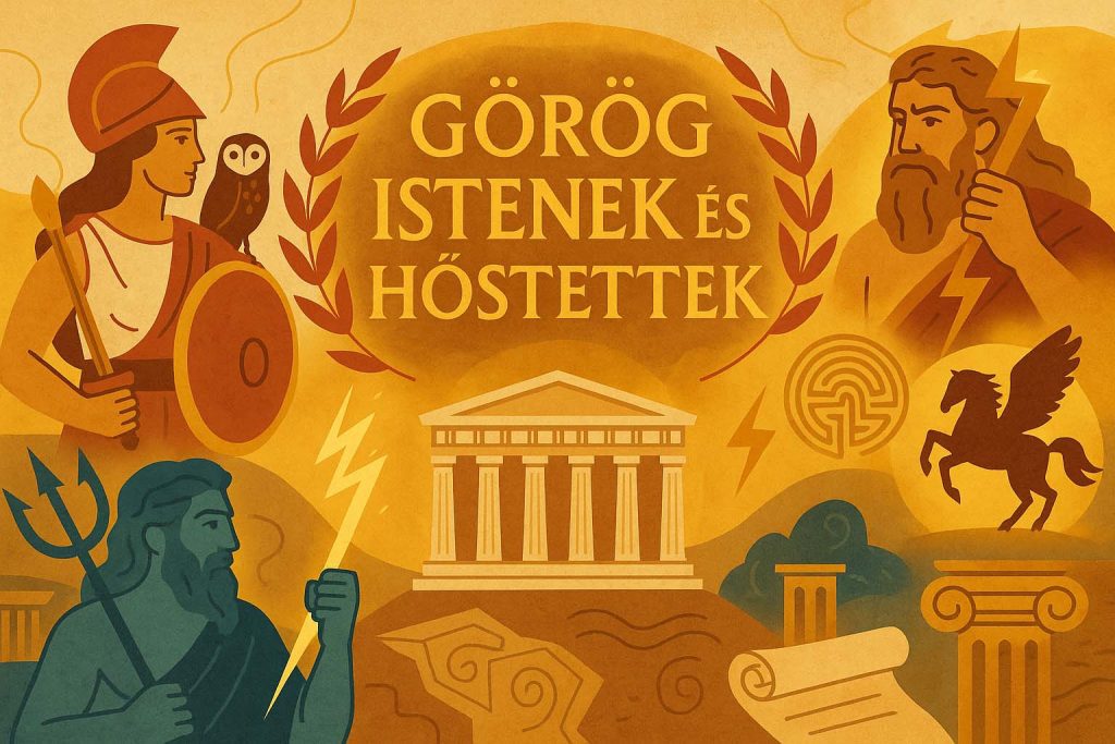 Görög mitológiai illusztráció istenekkel, hősökkel és ókori szimbólumokkal