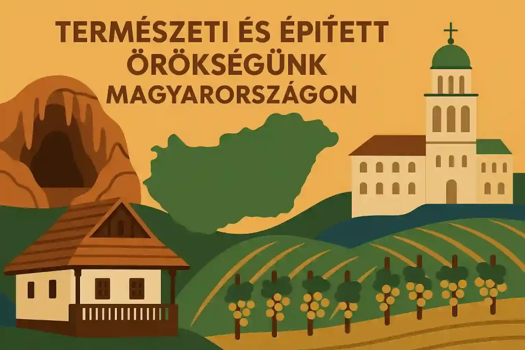 Magyar természeti és épített örökség illusztráció – barlang, parasztház, templom, dombvidék és Magyarország térképe