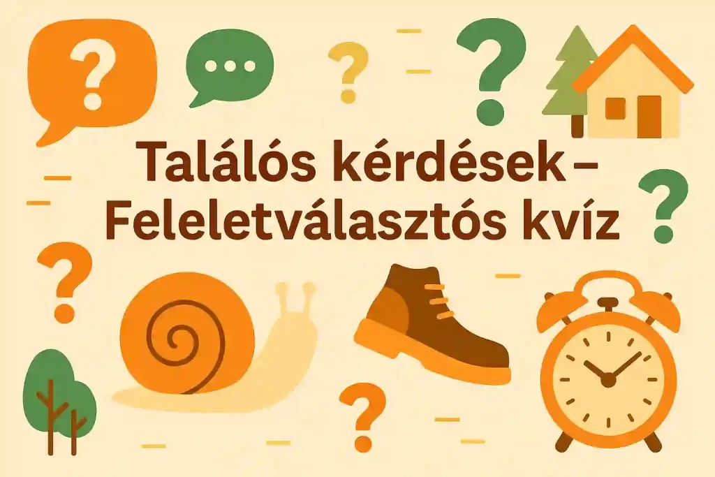 Találós kérdések kvíz illusztráció – csiga, óra, bakancs, kérdőjelek és beszédbuborék ikonok