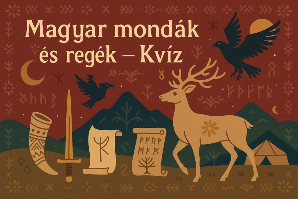 Magyar mondák és regék illusztráció – csodaszarvas, kard, rovásírás, varjak