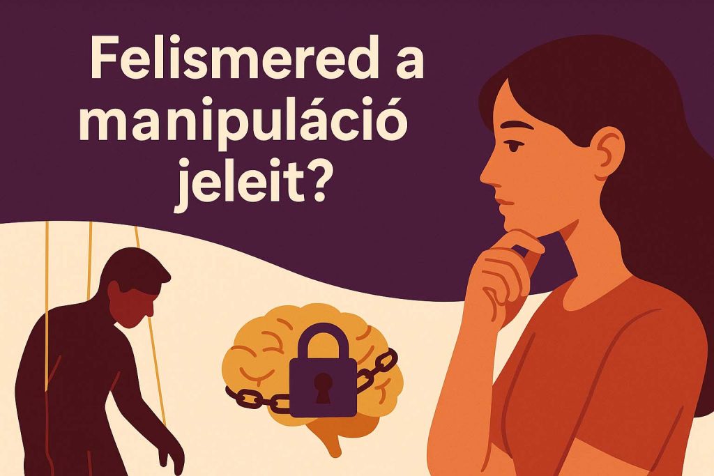 Illusztráció a manipuláció jeleiről – gondolkodó nő, bábu és lezárt agy