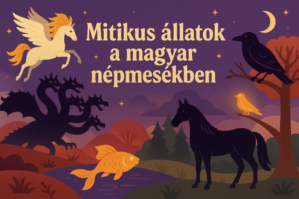 Mitikus állatok illusztrációja magyar népmesékből – sárkány, táltosló, aranyhal, holló, pegazus