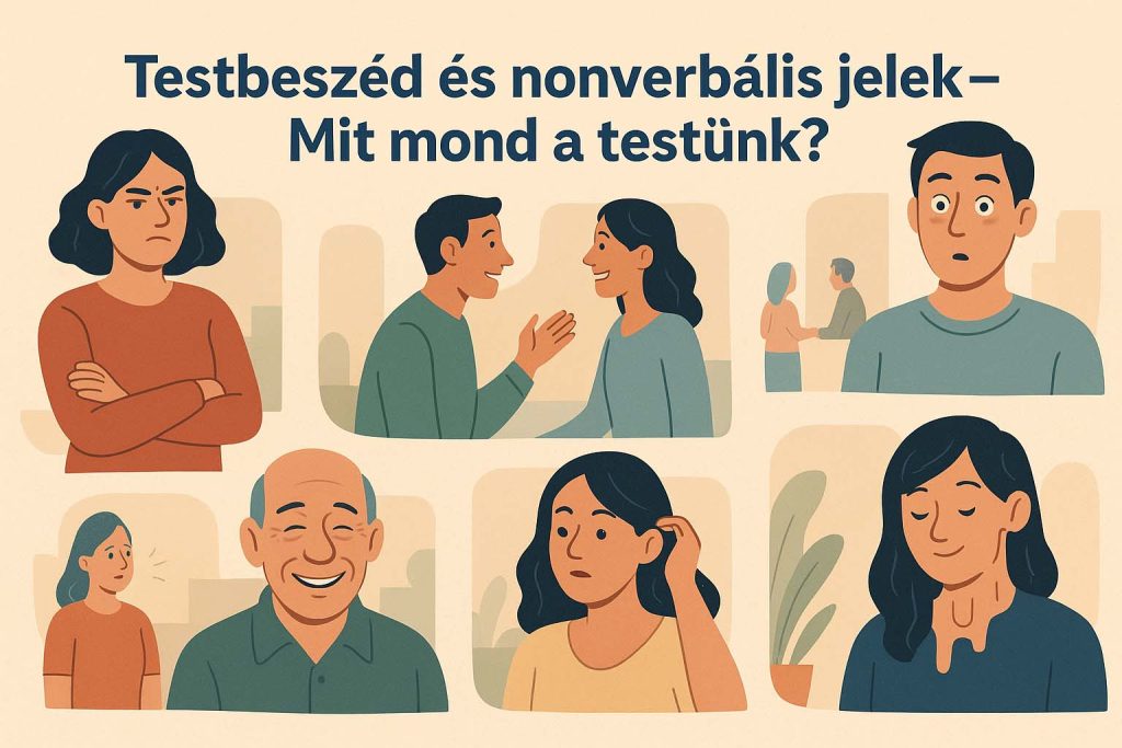 A testbeszéd és a nonverbális jelek témáját bemutató illusztráció, amelyen különböző emberek láthatók eltérő testtartásokkal és arckifejezésekkel, mint például düh, öröm, meglepetés és bizonytalanság.