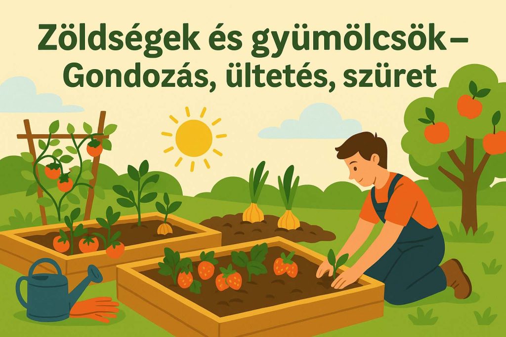 Rajzolt kert jelenet zöldségek és gyümölcsök gondozásával, ültetéssel és szürettel