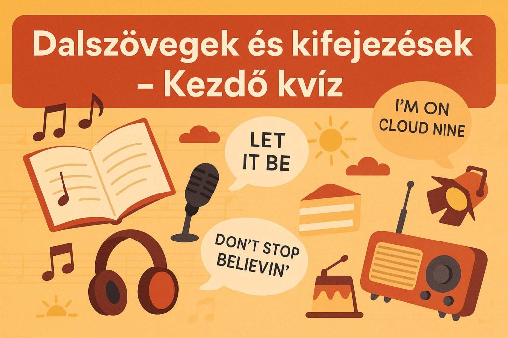 Dalszövegek és angol kifejezések kvíz borítókép, illusztráció zenés motívumokkal