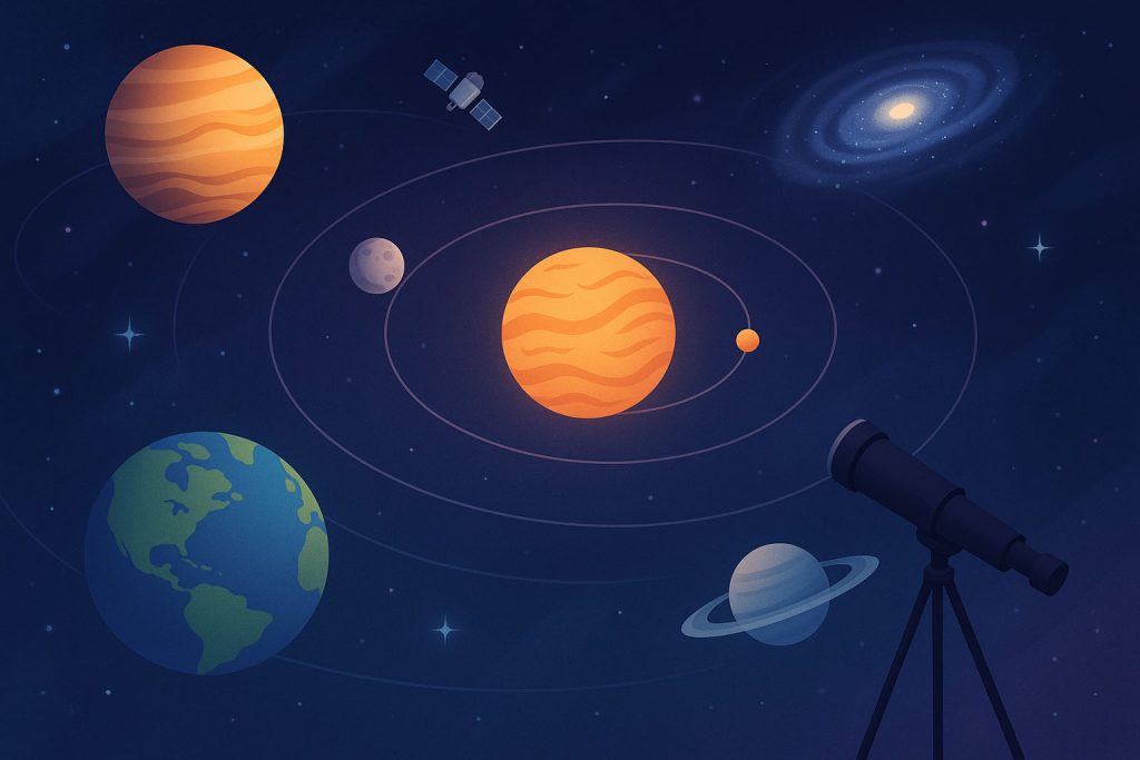 Illusztrált kép a Naprendszerről, bolygókkal, távcsővel és galaxissal éjszakai égbolt alatt