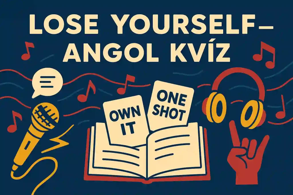 Lose Yourself angol kvíz illusztráció – mikrofon, dalszövegkártyák, fejhallgató és zenei ikonok
