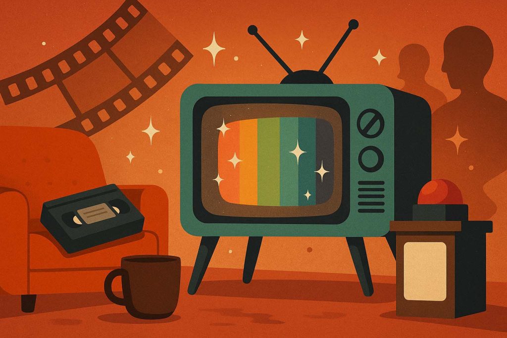 Retro stílusú illusztráció régi televízióval, VHS kazettával és vetélkedő buzzerrel, nosztalgikus hangulatban