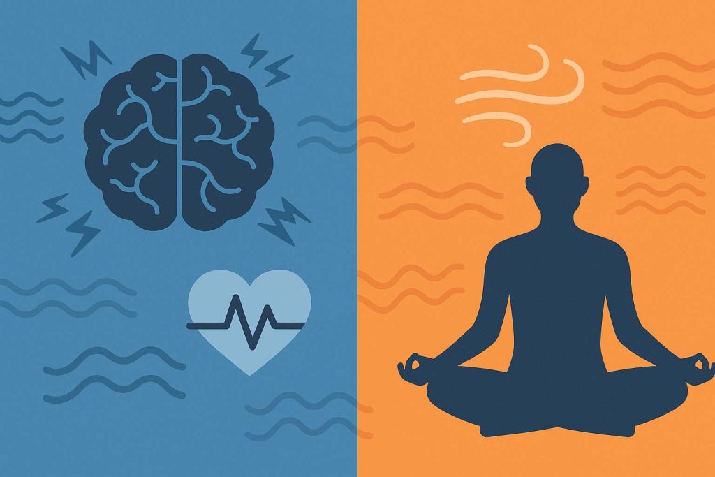 Stressz és meditáció vizuális összehasonlítása: agyi aktivitás vs. nyugodt meditációs testtartás