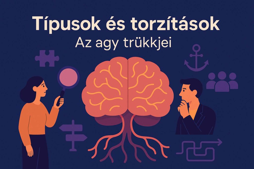 Illusztráció az agy működéséről, torzításokról és gondolkodási típusokról, emberekkel és szimbólumokkal