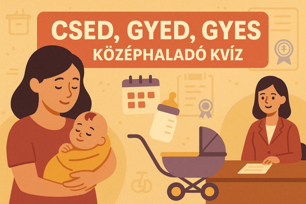Illusztráció anyasági ellátásokról – édesanya babával, babakocsi, ügyintéző, középhaladó kvíz