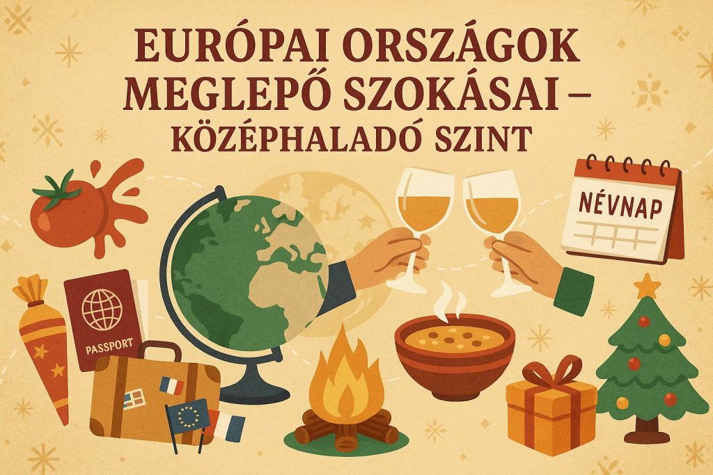 Illusztráció európai országok különleges szokásairól – koccintás, névnap, karácsonyfa és utazási szimbólumok