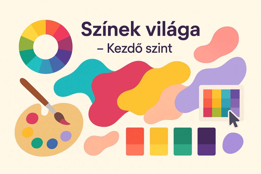 Színes illusztráció palettával, színkörrel és festékfoltokkal – színelméleti kvízhez