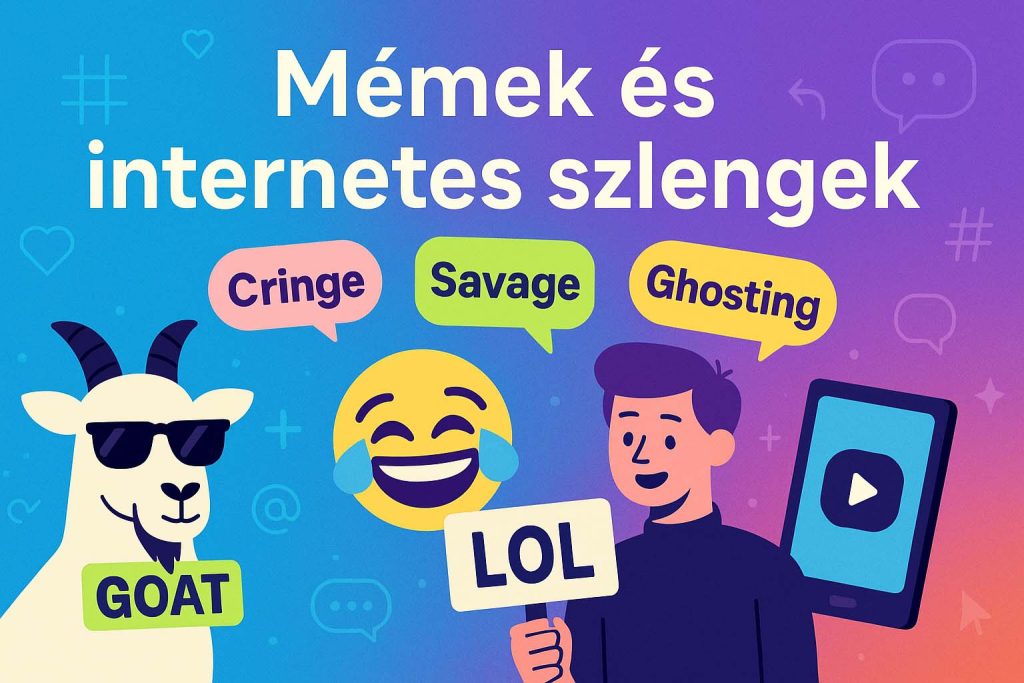 Modern illusztráció mémekről és internetes szleng kifejezésekről, mint LOL, GOAT, Cringe, Ghosting