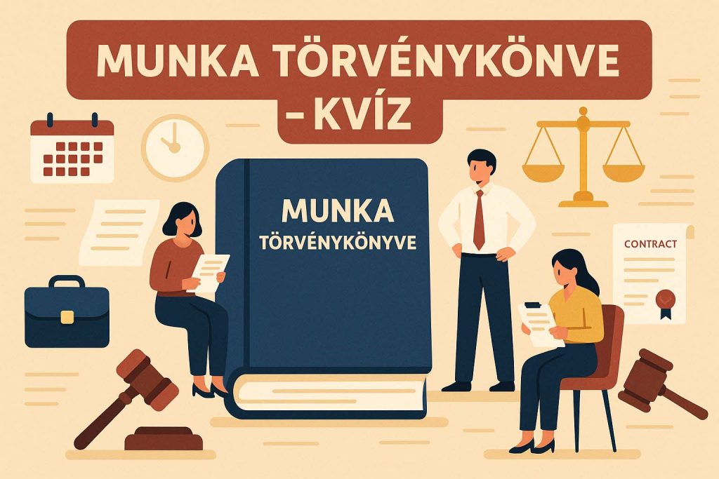 Munka Törvénykönyve kvíz illusztráció, amely jogi könyvet, bírósági kalapácsot és munkaügyi szituációt ábrázol
