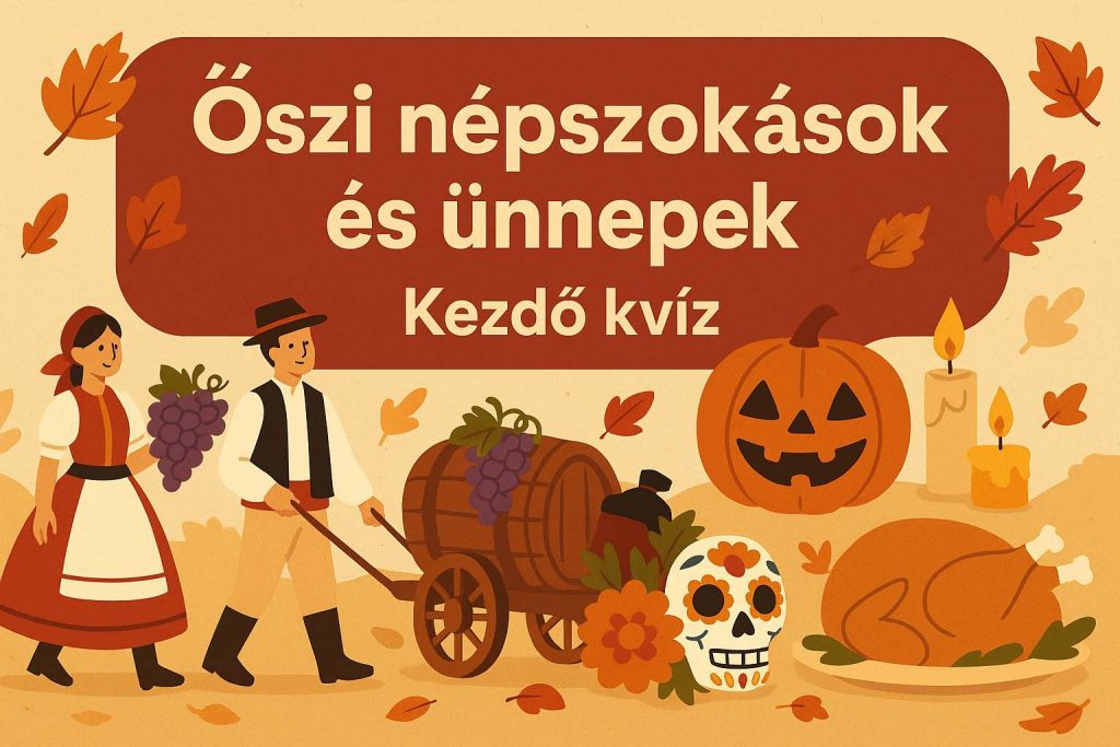 Őszi népszokásokat ábrázoló illusztráció szüreti tánccal, tökkel és hálaadás motívumokkal