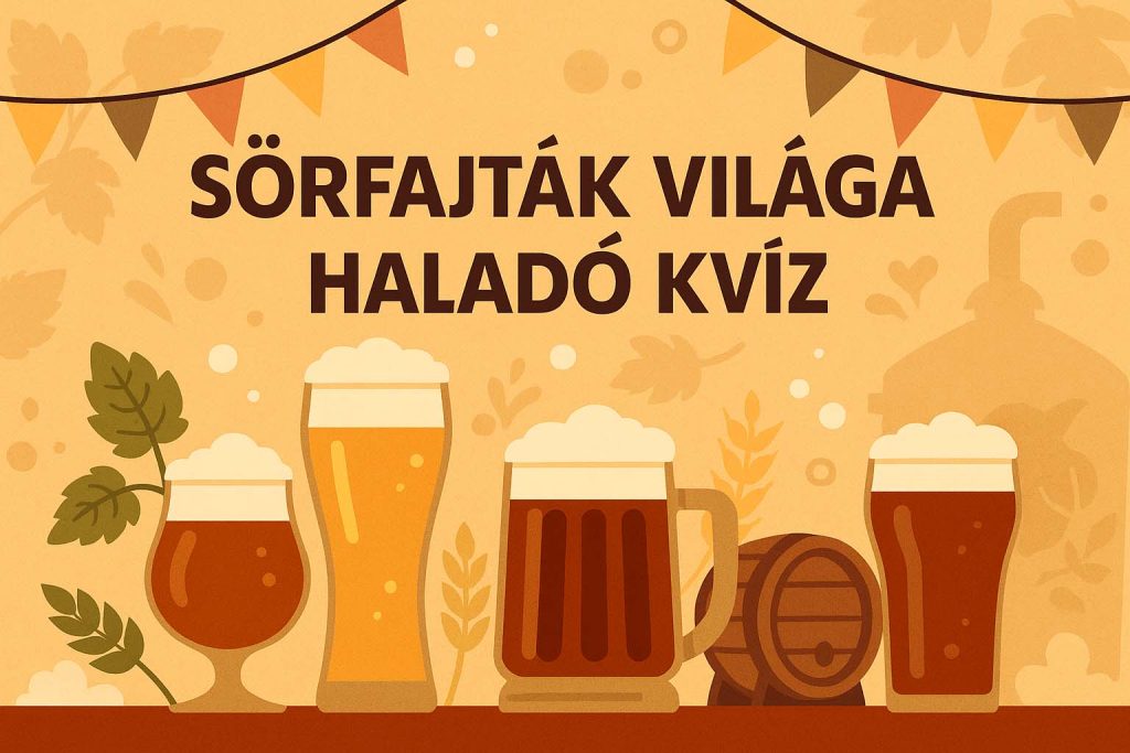 Sörfajták illusztráció különböző poharakkal és söröskorsókkal, haladó kvízhez