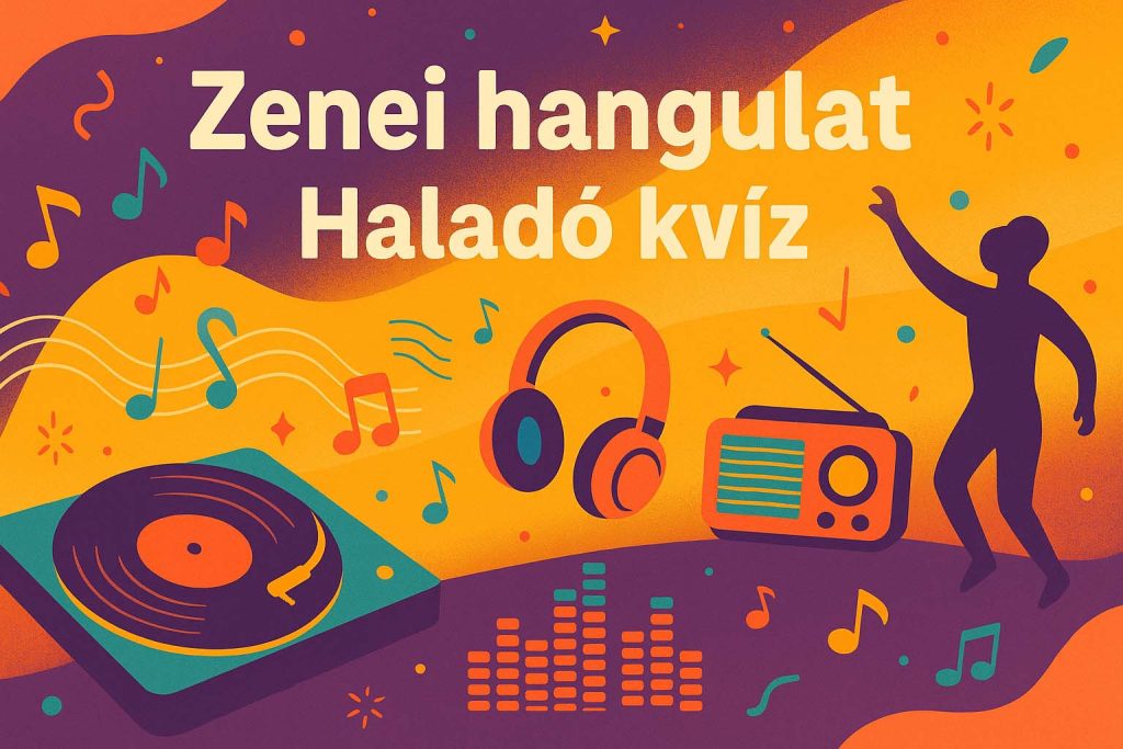 Zenei hangulatú kvízkép fejhallgatóval, lemezjátszóval és táncoló figurával – haladó szint