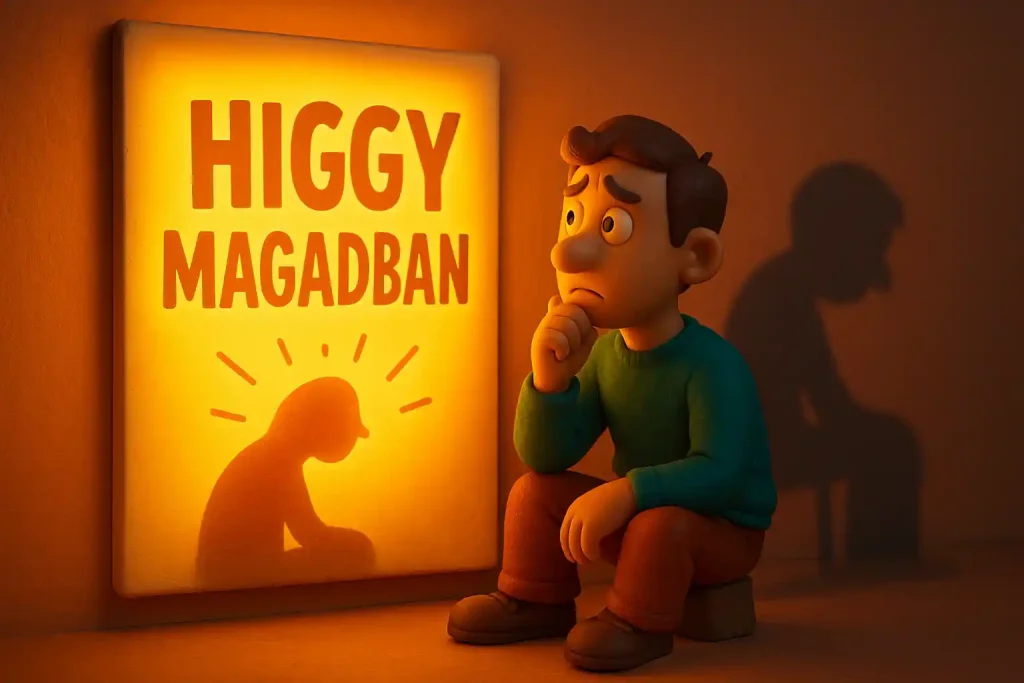 Egy aggódó figura ül egy világító motivációs poszter előtt, amelyen a „HIGGY MAGADBAN” felirat olvasható, miközben az árnyéka szomorúságot tükröz.