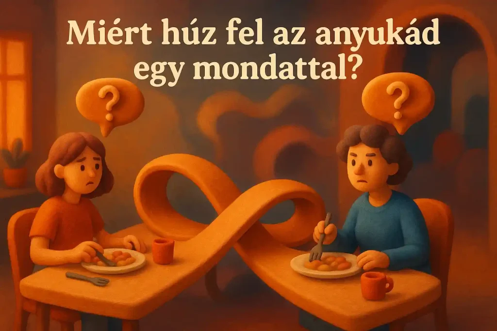 Anya és lánya ülnek egy hosszú, Möbius-szalagként csavarodó vacsoraasztal két végén, kérdőjeles buborékokkal a fejük felett – 3D agyagszerű illusztráció.