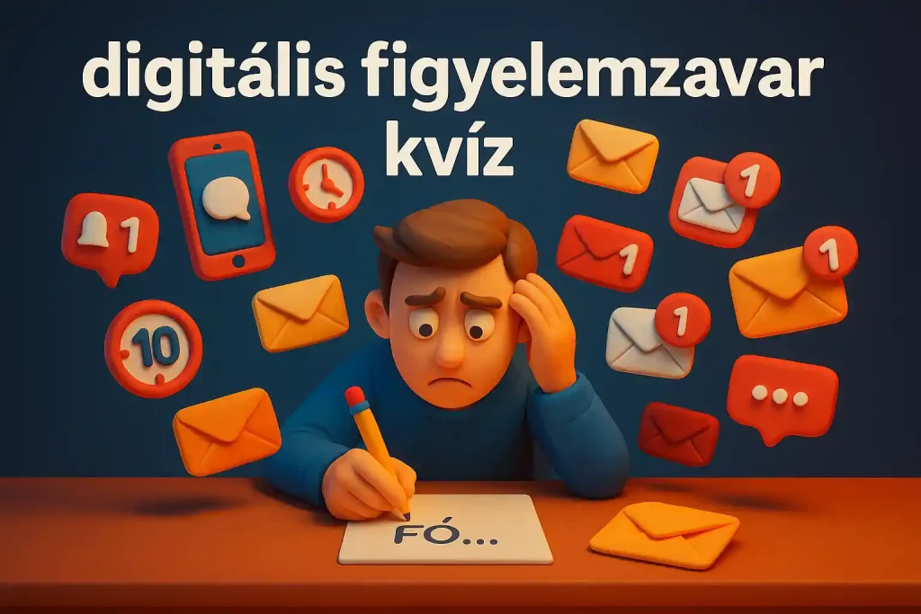 Egy férfi zavartan ül az íróasztalánál, körülötte lebegő értesítések és e-mailek zavarják, miközben próbál írni – digitális figyelemzavar illusztráció gyurmastílusban.