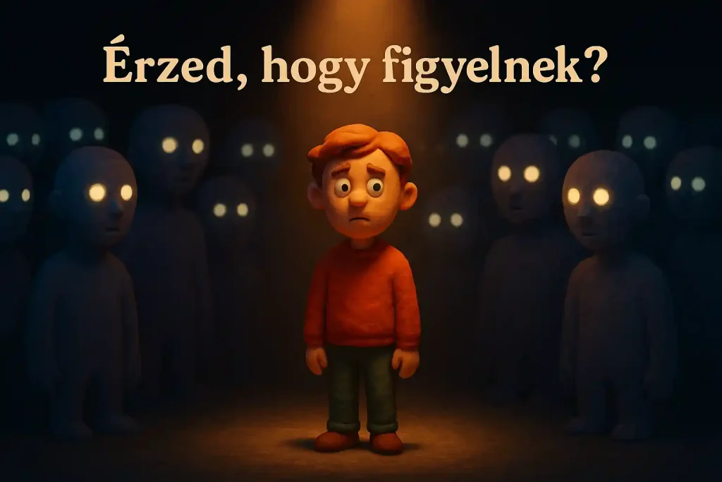 Egy fiatal fiú aggodalmas arccal áll a reflektorfényben, miközben arc nélküli alakok figyelik a sötét háttérből – pszichológiai teszt illusztráció