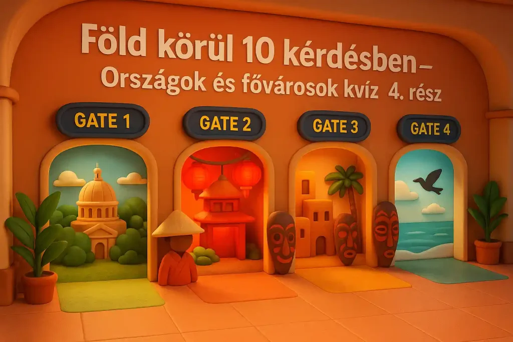 Föld körüli utazás kvíz – Négy kapus agyagstílusú repülőtér illusztráció fővárosok szimbólumaival