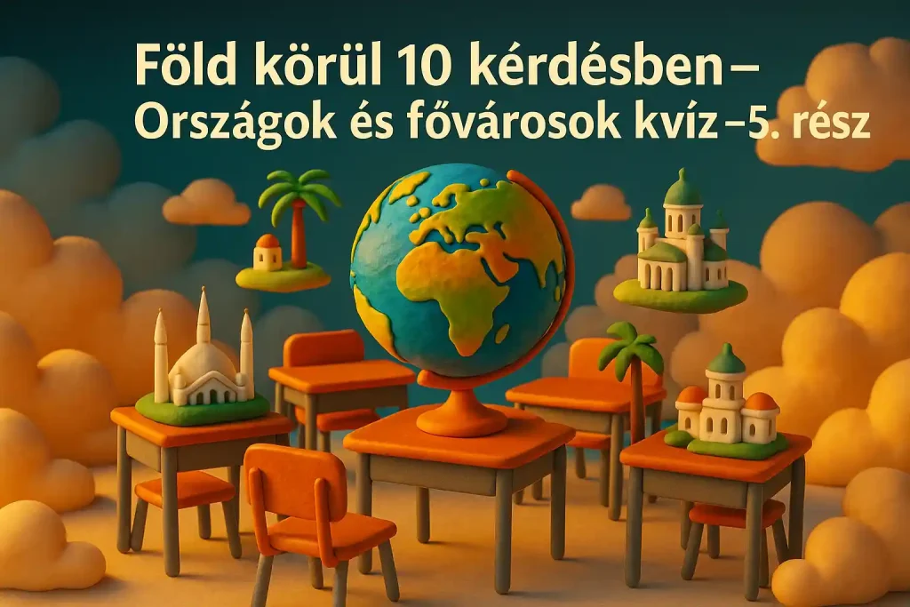 Szürreális felhők közt lebegő tanterem földgömbbel és fővárosokat szimbolizáló miniatűr épületekkel, agyagszerű 3D stílusban