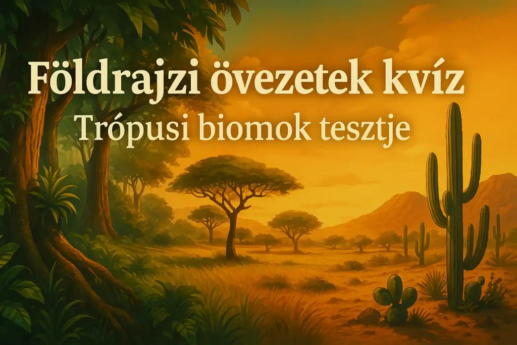 Trópusi esőerdő, szavanna és sivatag jellegzetes élővilággal illusztrálva.