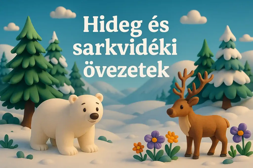 Tajga és tundra táj jegesmedvével és rénszarvassal, 3D stílusban