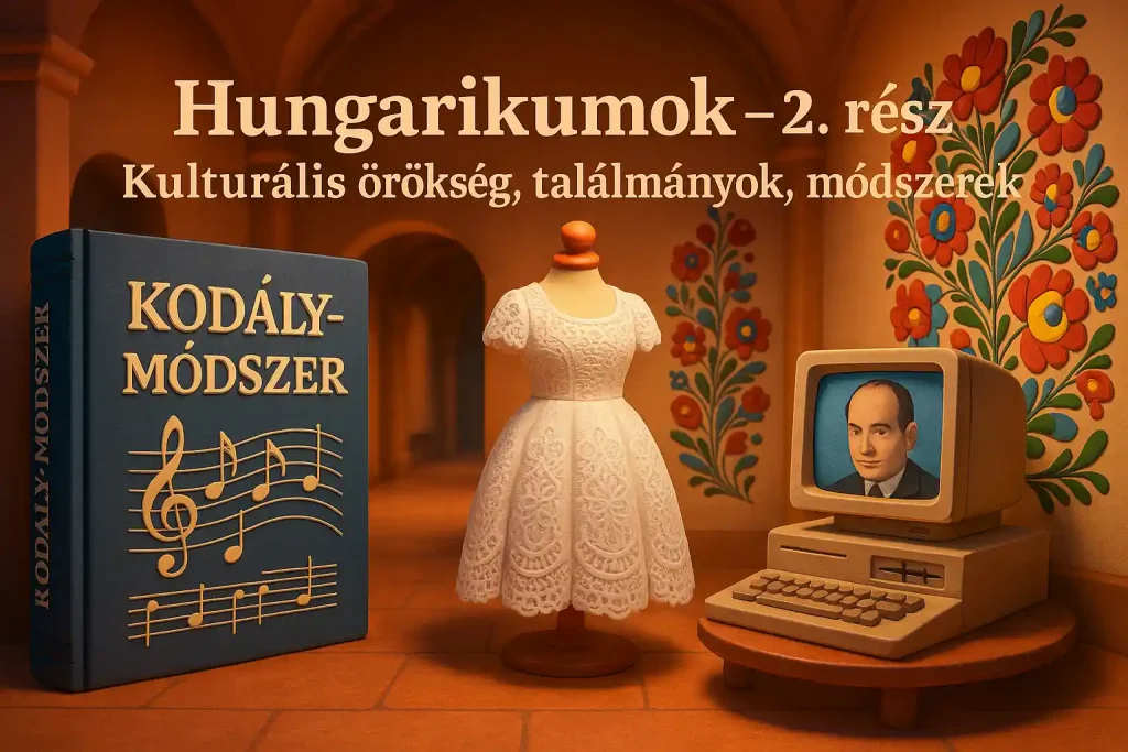 Hungarikumokat bemutató színes múzeumi illusztráció Kodály-módszerrel és kalocsai motívumokkal