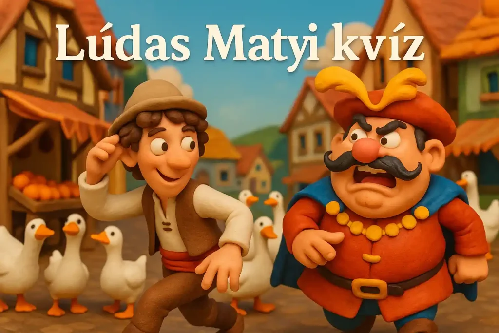 Lúdas Matyi álruhában a piacon, Döbrögit kijátszva, ludakkal körülvéve.