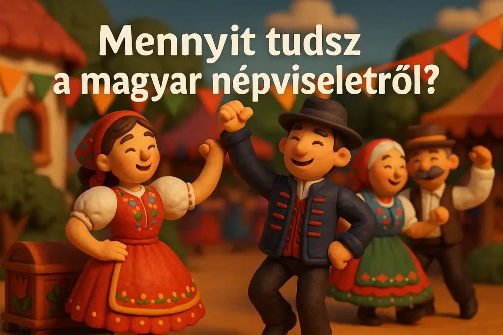 Magyar népviseletbe öltözött emberek táncolnak egy falusi vásáron