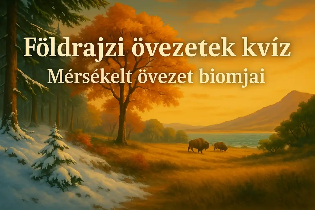 Földrajzi övezetek kvíz – Mérsékelt övezet biomjai, festményszerű illusztráció taigával, őszi erdőkkel, prérivel és mediterrán tájjal