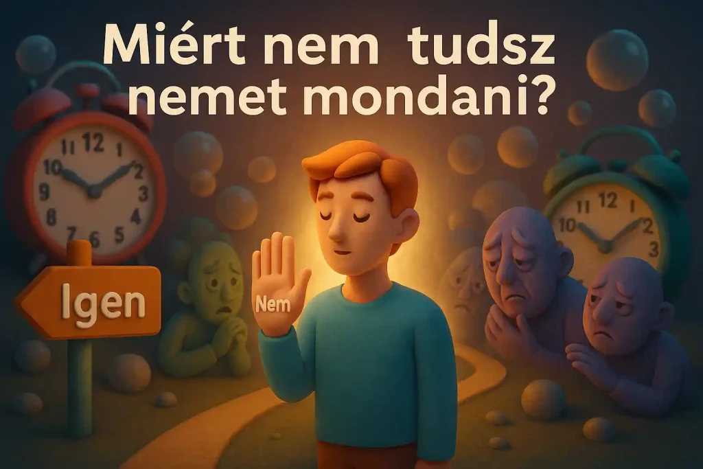 Egy ember "Nem" felirattal a tenyerén áll két útelágazás között, mellette „Igen” és „Nem” táblák, mögötte nyomasztó figurák és órák – vizuális ábrázolás a nemet mondás nehézségéről.