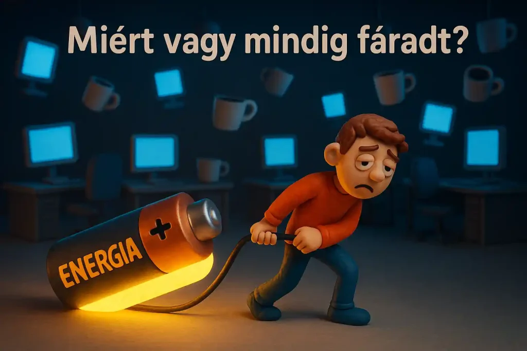 Fáradt férfi húz egy világító „ENERGIA” feliratú elemet szürke irodai háttér előtt, Miért vagy mindig fáradt? felirattal.