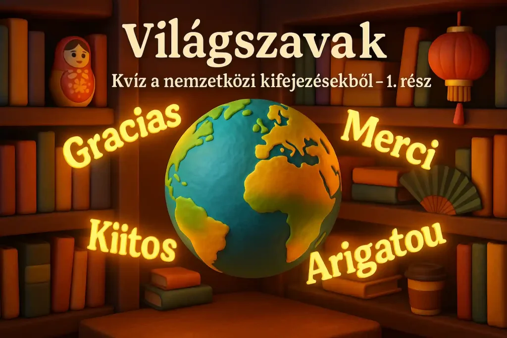 Világkörüli „köszönöm” szavak – multikulturális könyvtár egy lebegő földgömbbel, nyelvek és szimbólumok 3D agyagszobrász stílusban