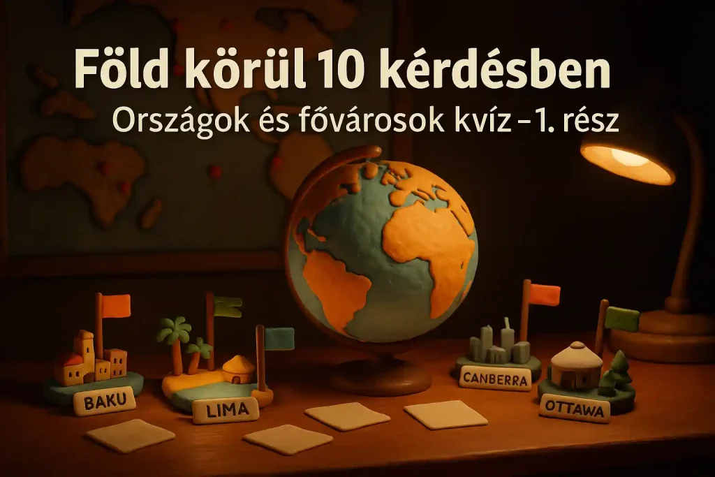 3D agyaganimáció stílusú illusztráció földgömbbel és fővárosokat ábrázoló miniatűrökkel egy faíróasztalon, meleg lámpafénnyel