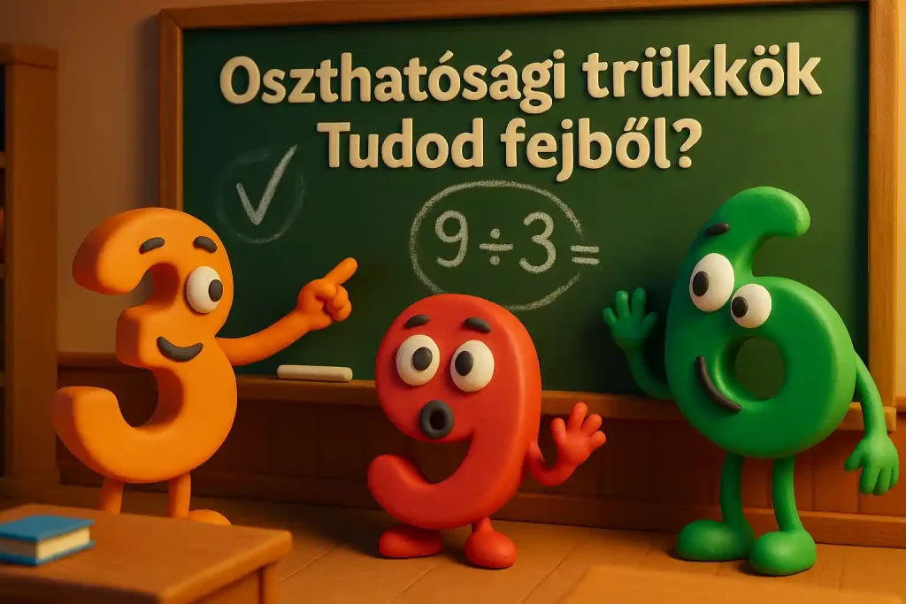 Színes, játékos illusztráció oszthatósági szabályokról, számokkal teli iskolai jelenetben