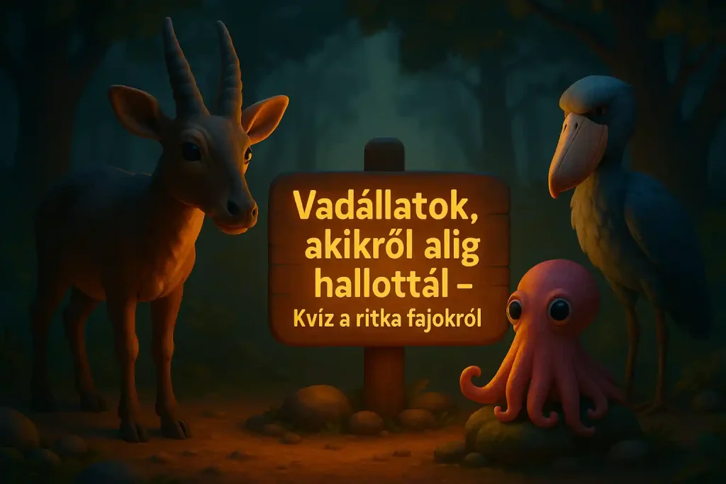 3D rajzfilmszerű illusztráció ritka állatokról – saola, Dumbo-polip és bálnafejű gólya egy erdei tisztáson, világító kvíztáblával