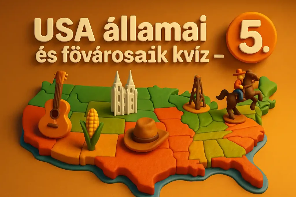 USA térkép fővárosokat jelképező ikonokkal, játékos grafikával, 5. rész jelzéssel