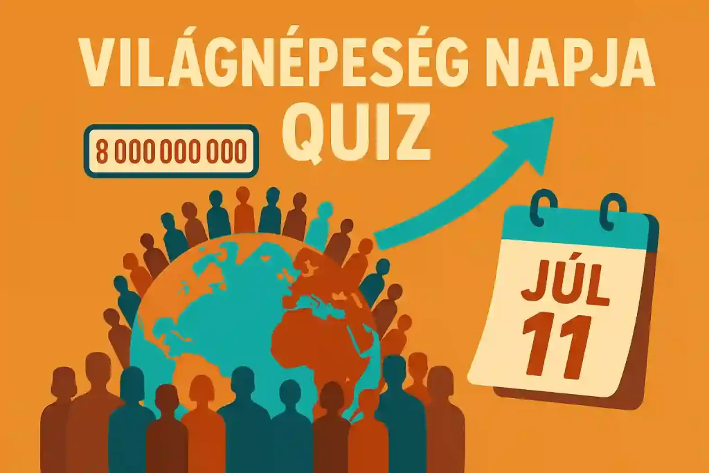 Világnépesség Napja kvíz illusztráció – Földgömb, emberek sziluettjei, növekvő nyíl és július 11-i naptár