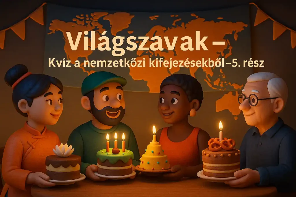 Születésnapi ünneplés különböző kultúrák képviselőivel egy világatlasz előtt, clay animáció stílusban, magyar felirattal