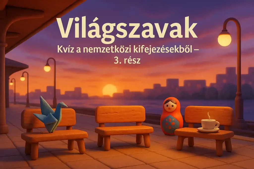 3D claymation illusztráció nemzetközi vonatállomással naplementében, kulturális padokkal és „Világszavak – Kvíz a nemzetközi kifejezésekből – 3. rész” címmel