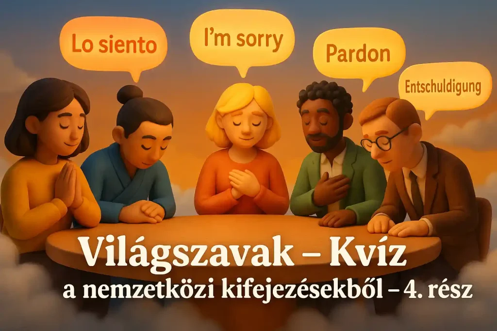 Nemzetközi bocsánatkérés – emberek különböző kultúrákból, akik elnézést kérnek egy felhőn lebegő asztalnál, szövegbuborékokkal (pl. „Lo siento”, „I'm sorry”, „Pardon”)